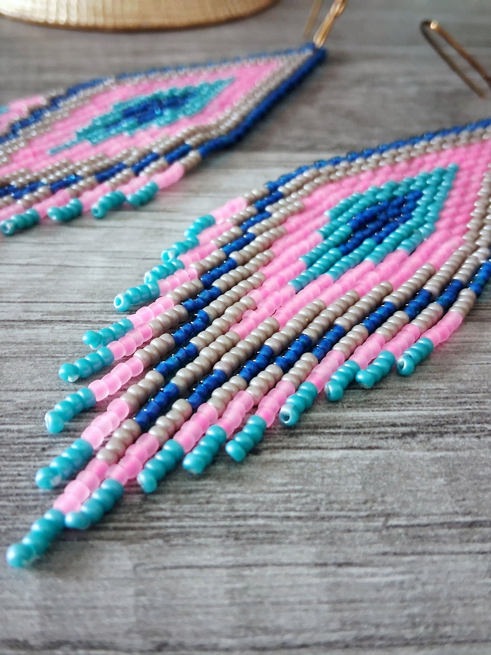 Boho Pink & Blue Seed Bead Fringe Earrings, 5.5" - Picture 7 of 8